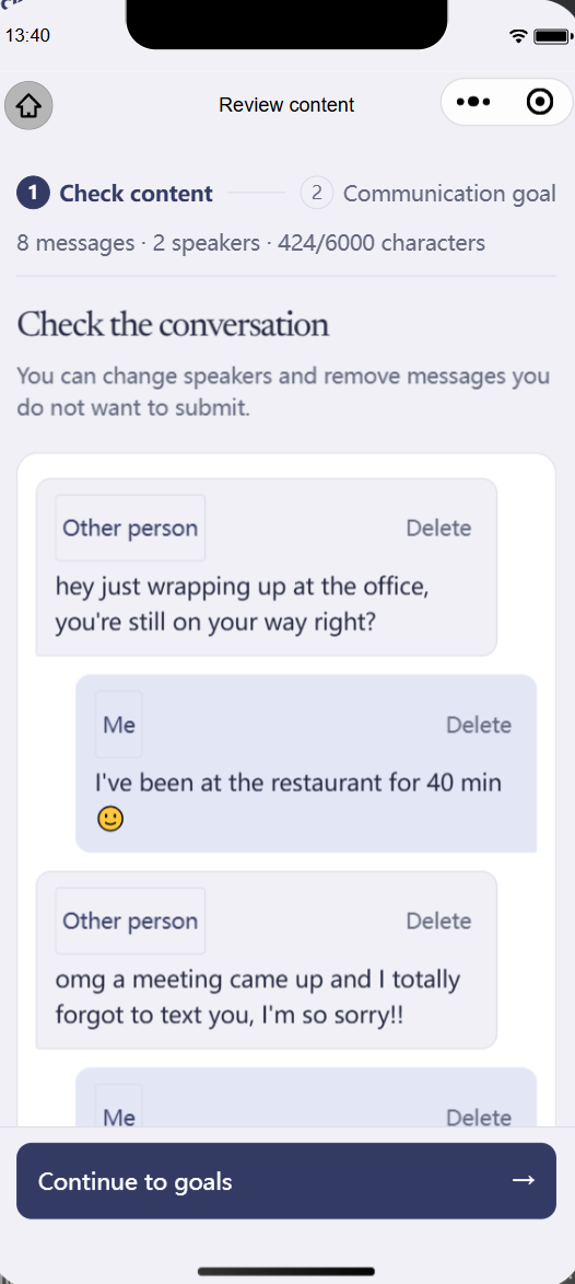 Check page: switch speakers and delete messages you don't want to send
