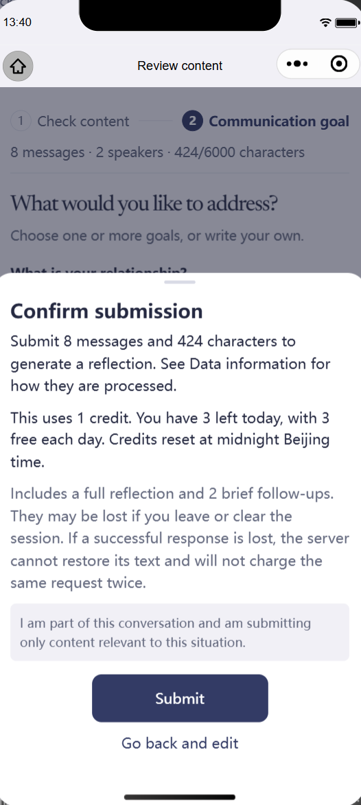 Confirm: message count, quota and handling spelled out before sending (synthetic chat)